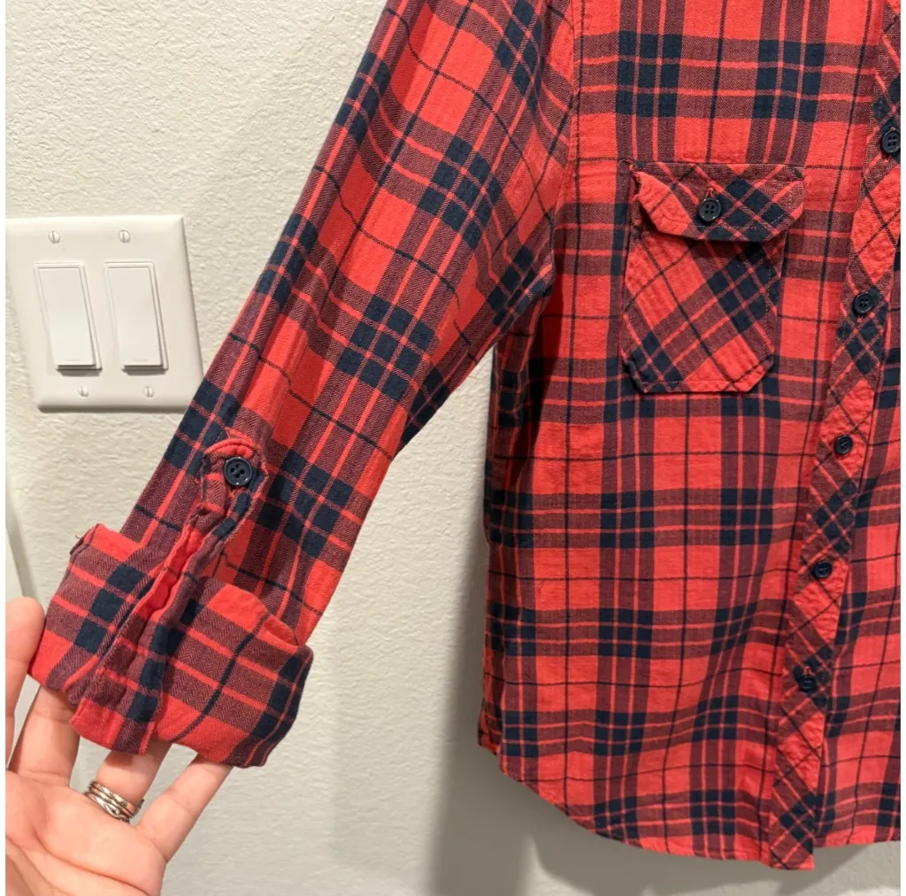 BDG Red Navy Plaid Long Sleeve Button Down Shirt - Image 3