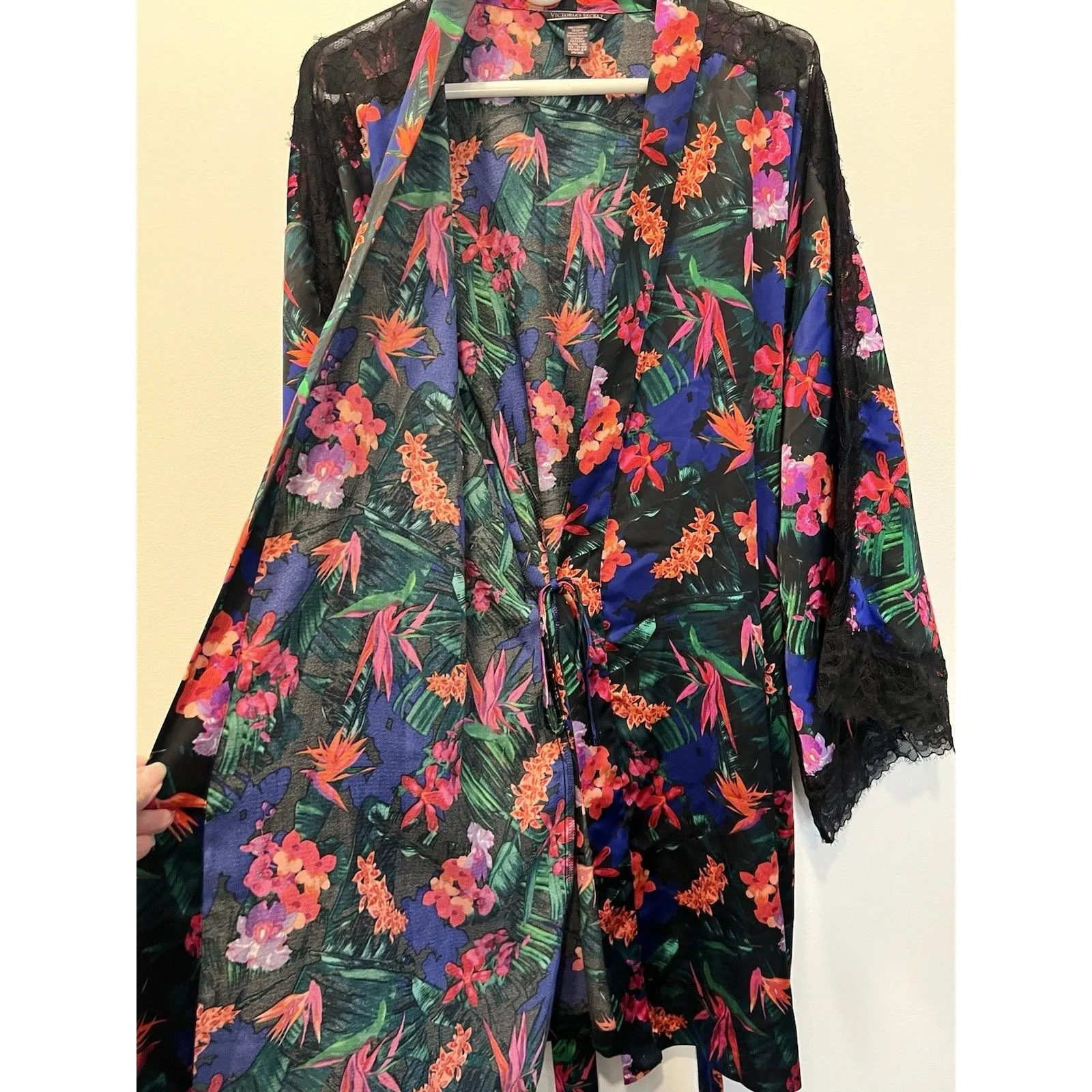 Victoria Secret Robe XL XXL Black Tropical Kimono Lace Trim Luxe Collection VS - Image 8