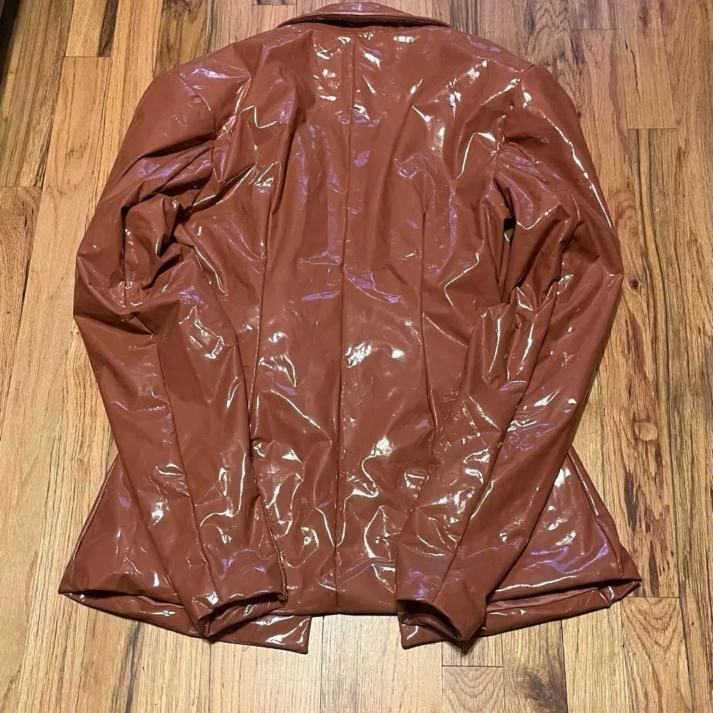 PrettyLittleThing Brown Patent Leather Blazer Jacket Size 8 - Image 4