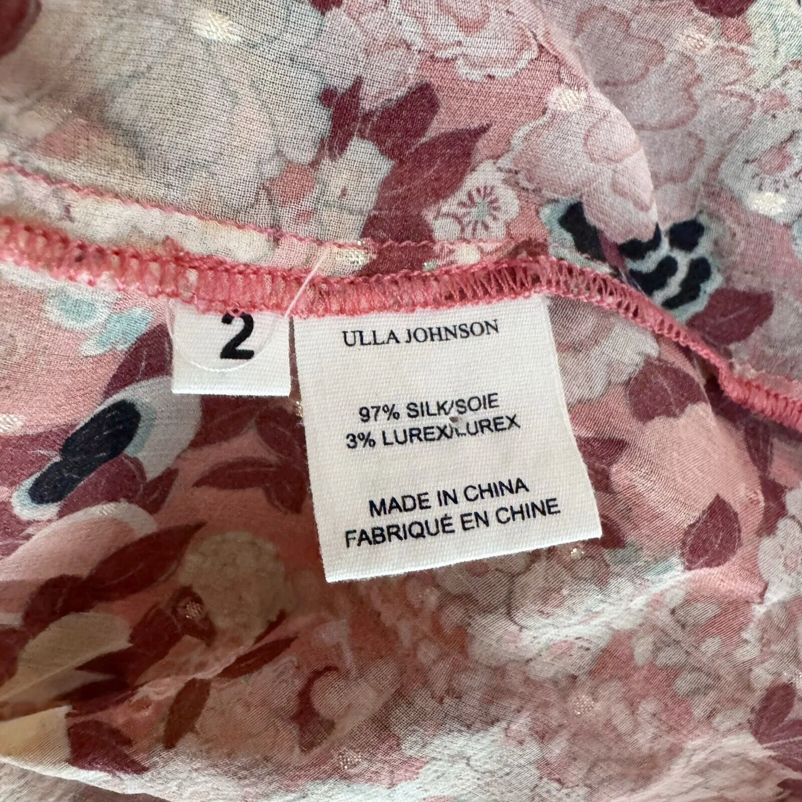 Ulla Johnson Adela Silk Floral Ruffle Blouse Pink Red Metallic Sheer Top Sz 2 - Image 7