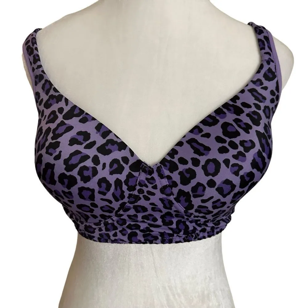 RHONDA SHEAR PURPLE LEOPARD MOLDED CUP WIRELESS BRA WITH LACE BACK SIZE SMALL - Image 2