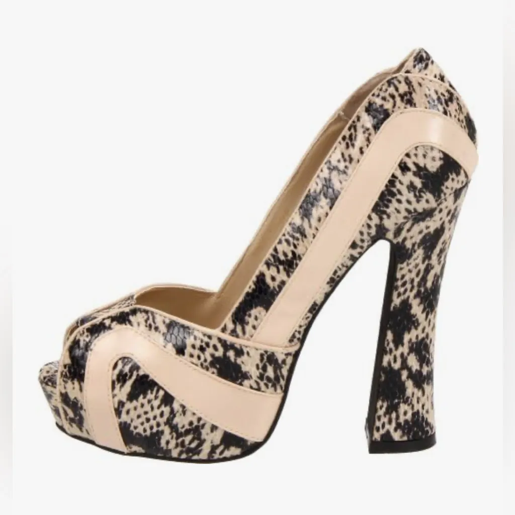 NEW N.Y.L.A. Peep Toe Platform Heel Pumps Genuine Leather Snakeskin 5” heel 6 Tan - Image 8