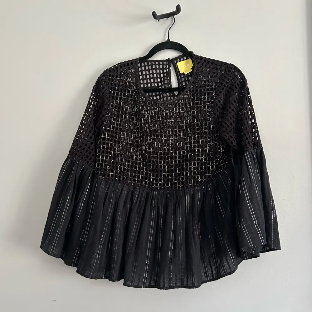 Maeve Eyelet Beaded Peplum Metallic Blouse with Wide Sleeves - Image 3