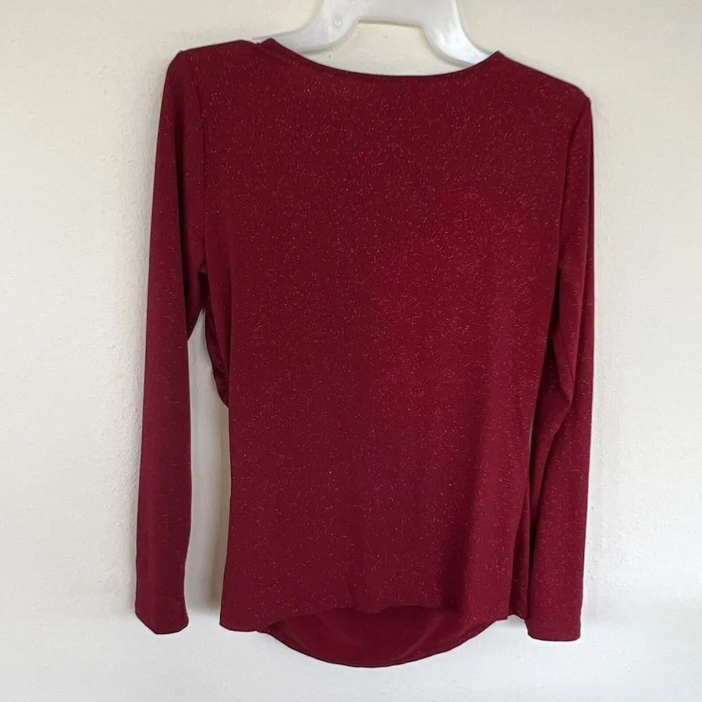 VINCE Camuto Sparkle Cut Out Top blouse XSMALL Burgundy Long Sleeve Stretch - Image 7