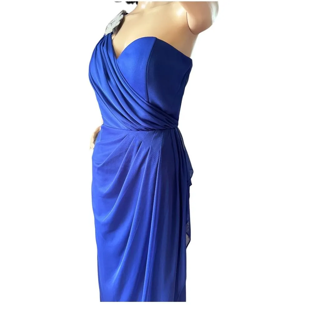 NWT XScape Blue Embellished One Shoulder Ruched Maxi Dress Gown size 14 - Image 6