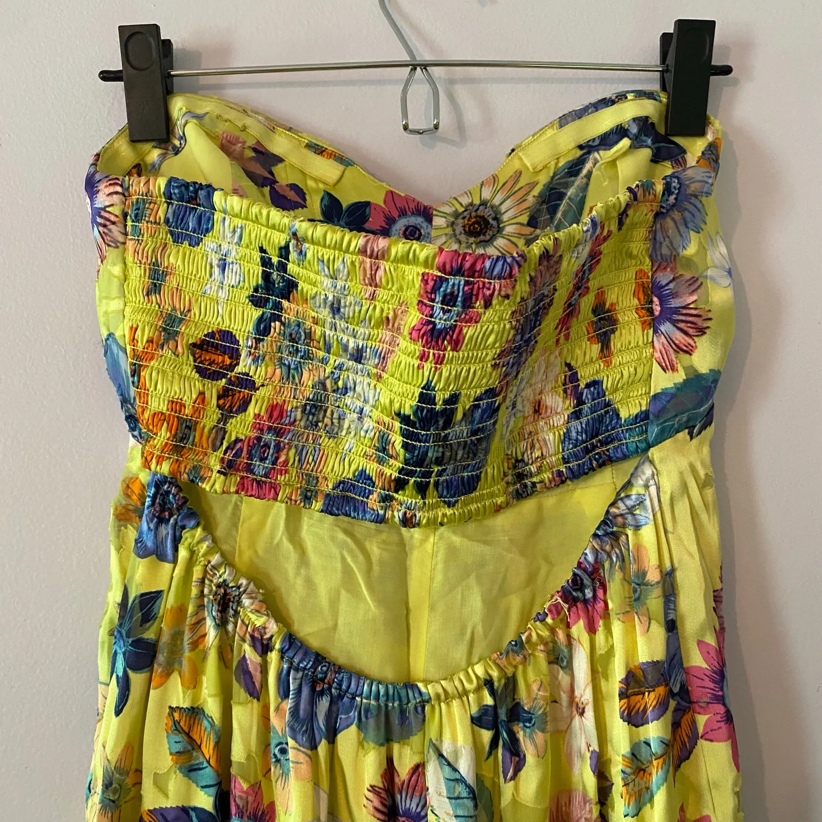 Anthropologie Strapless Midi Dress Floral Silk Blend Yellow Blue Pink Small - Image 8