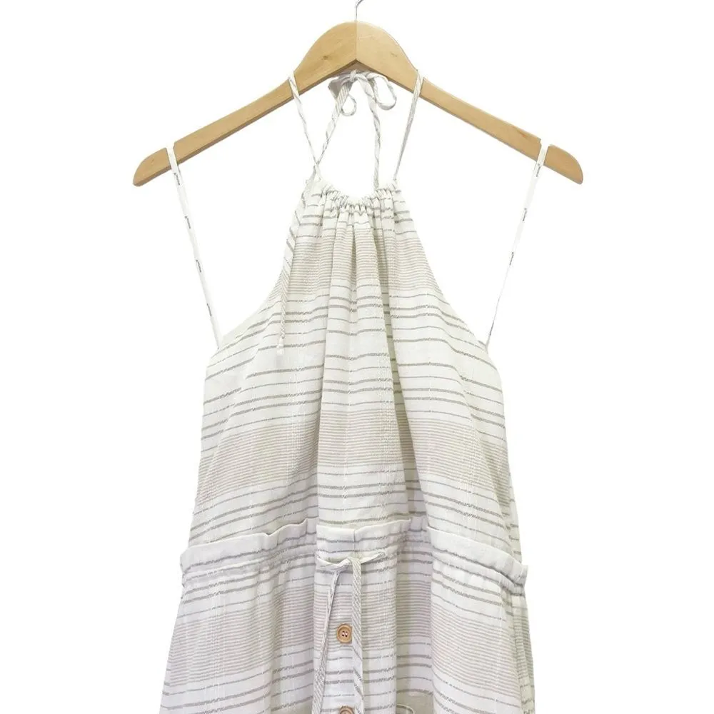 Minkpink Textured Neutral Tan White Striped Midi Halter Summer Dress Size Large - Image 9