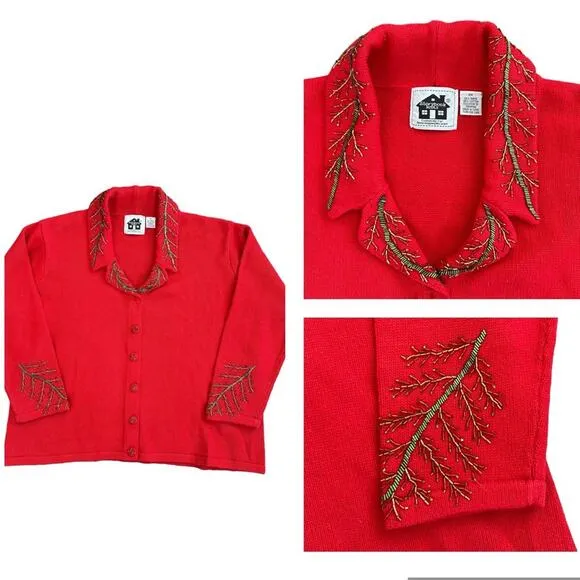 Storybook Knits Cardigan Sweater Red Holiday Christmas Beads Tree Size 2X - Image 2