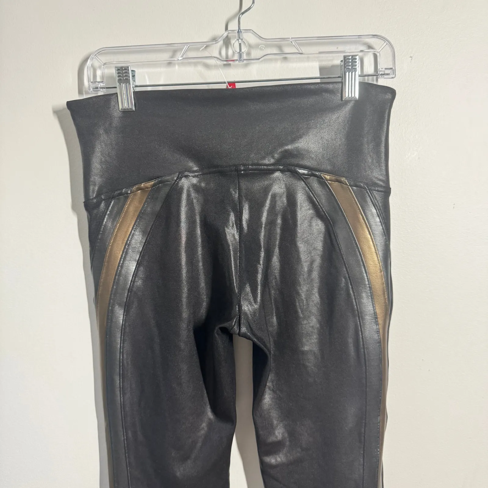 SPANX Leggings Women L Black Gold Metallic Faux Leather Biker Moto Mobwife - Image 6