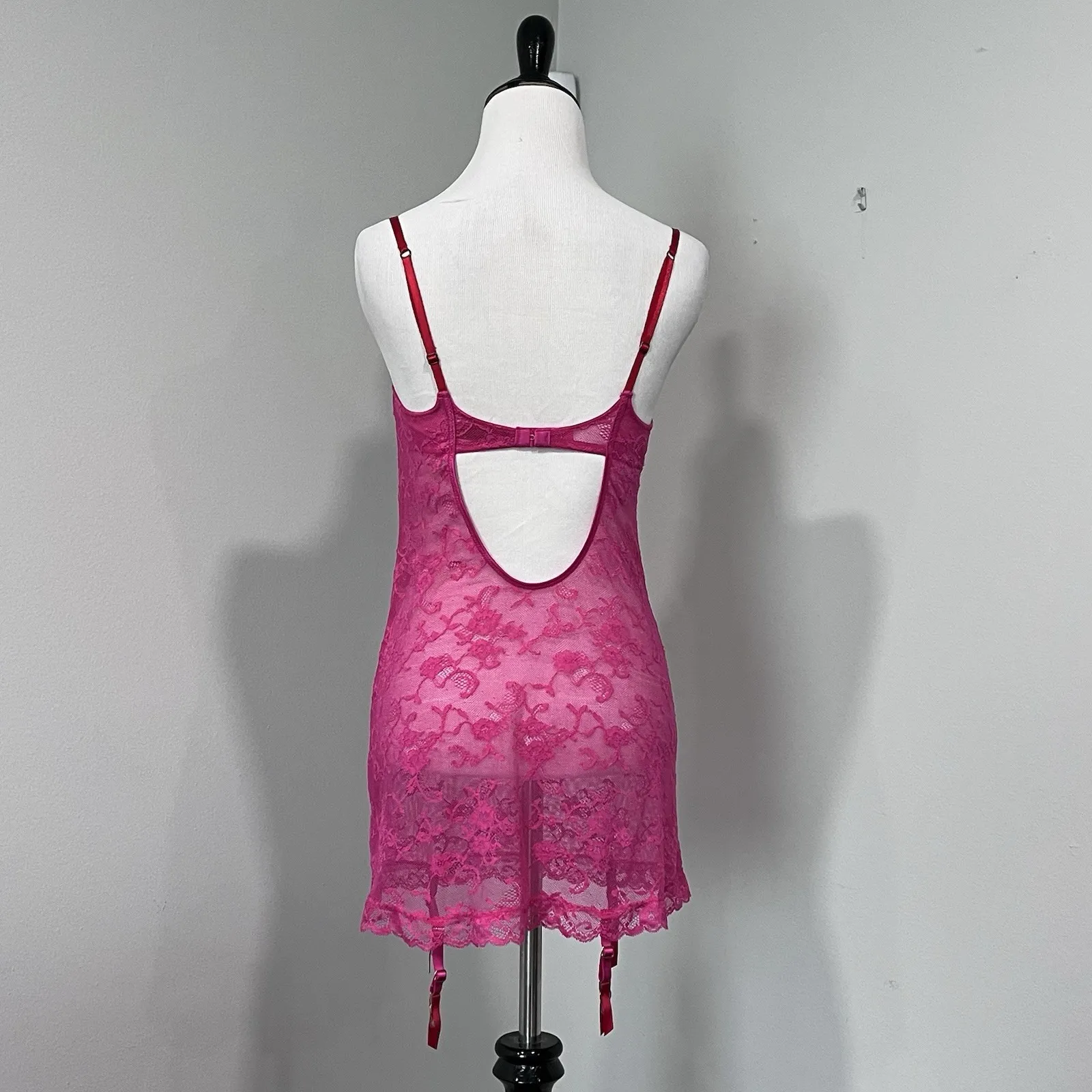 Victorias Secret Lace Bra Garter Slip‎ Dress 36C Y2K Red Pink Lingerie Chemise - Image 4