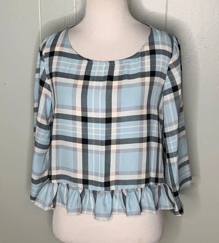 Gianni Bini Blue Plaid Crop Top Wide Sleeves Ruffle Hem Dainty Blouse S - Image 2