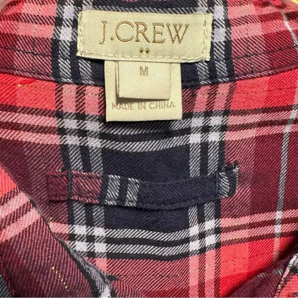 J CREW Pink and Navy Plaid Flannel Tunic with Gold Metallic Threads Size Medium - Image 3