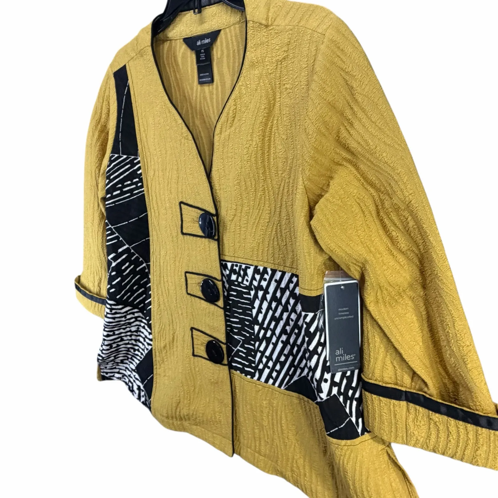 Ali Miles Tunic Blouse Jacket S Petite Mustard Patchwork Texture Lagenlook Artsy Yellow Size undefined - Image 2