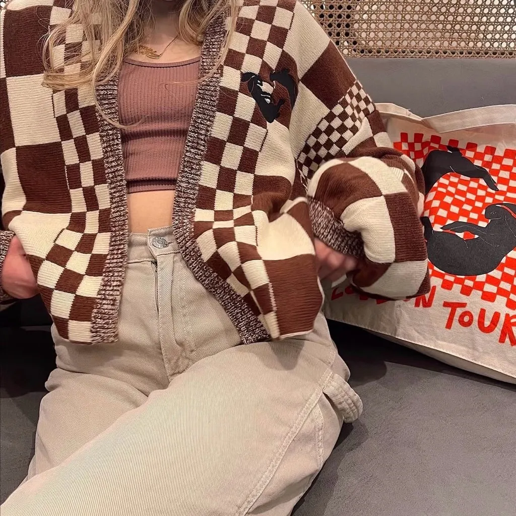 Harry’s Hidden Angels Medium Brown Cream Checkered Cardigan Love On Tour Retro - Image 3