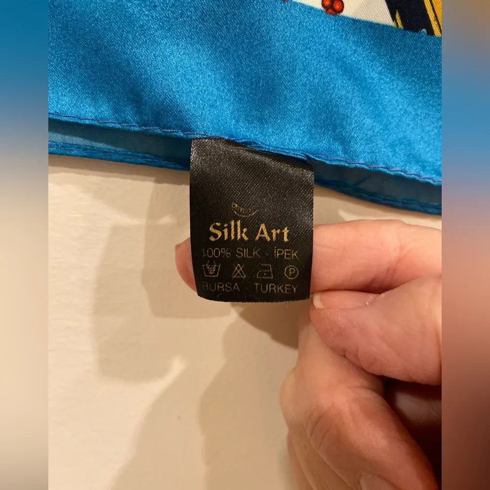 Bursa Silk Valley Turkey Floral Print Silk Scarf 64" x 22” Blue, Red, Gold Yellow - Image 5