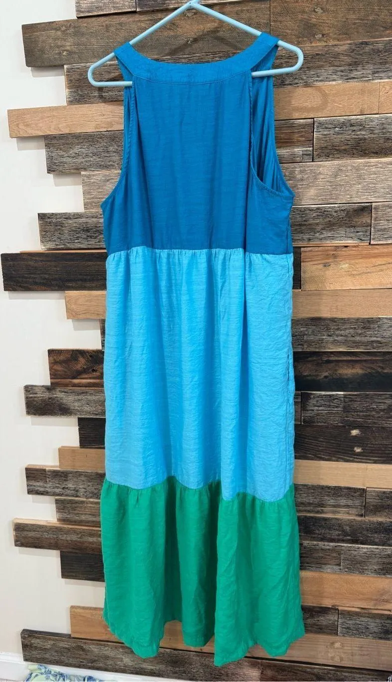 J. Jill Color Block Tier Maxi Tank Dress Blue Green Rayon Pockets Sz 2X - Image 3