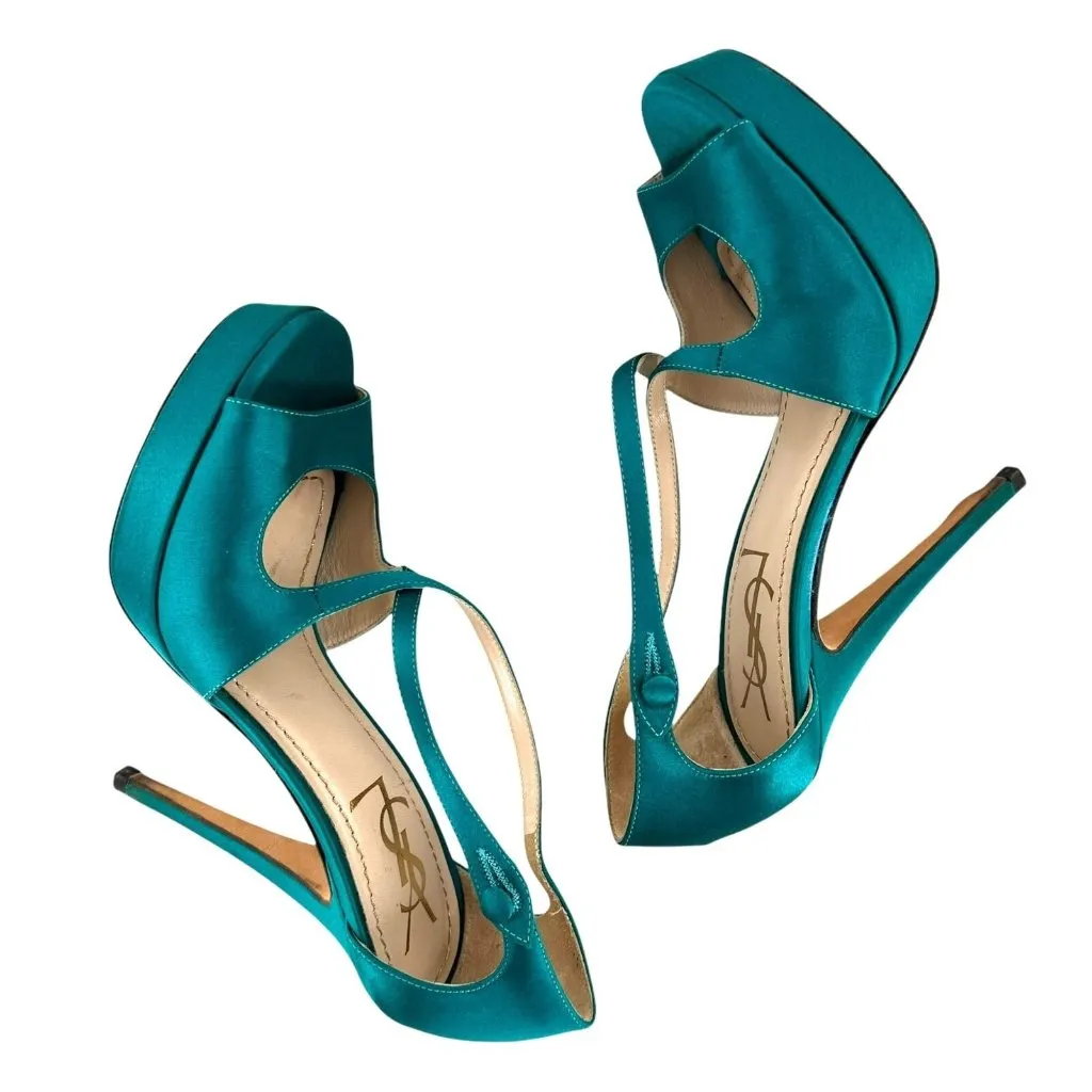 Saint Laurent Paris Turquoise Satin Tribute Cross Strap Platform Sandals Size 35 - Image 5