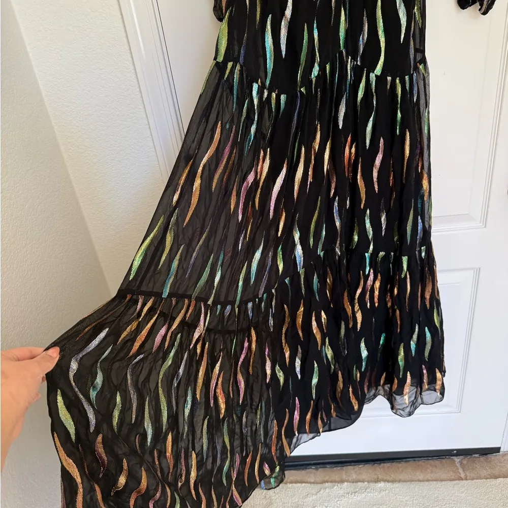 Rainbow Metallic Chiffon Puff Long Sleeve Cutout Waist Maxi Gown Sz 2 - Image 7