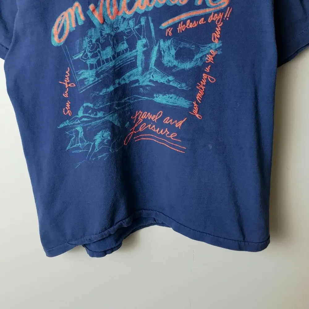 On Vacation T Shirt 80s Distressed Vintage Blue Large L USA Travel Leisure Solid - Image 6