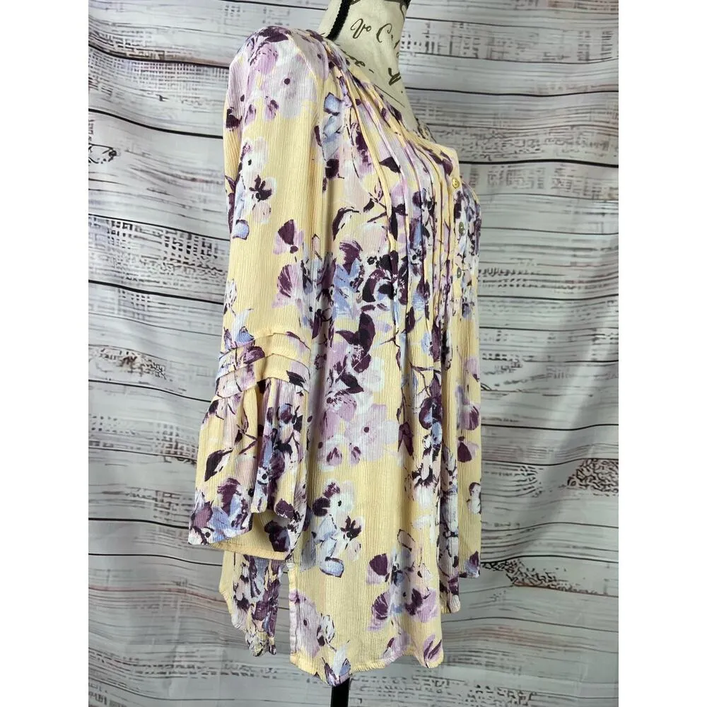 J Jill Floral Bell Sleeves Tunic Top Womens S Pintuck Pleat Gauze Side Slits - Image 5