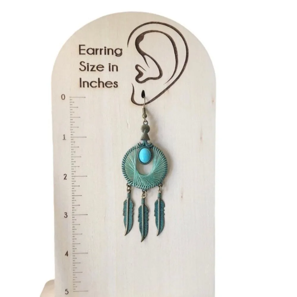 Retro Green Patina Brass Round Hand Wound Feather Wing Leaf Turquoise Earrings - Image 9