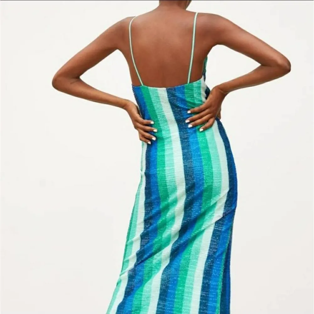 ZARA NWOT Sparkly Aqua Blue Striped Midi Tank Dress Size Small - Image 6