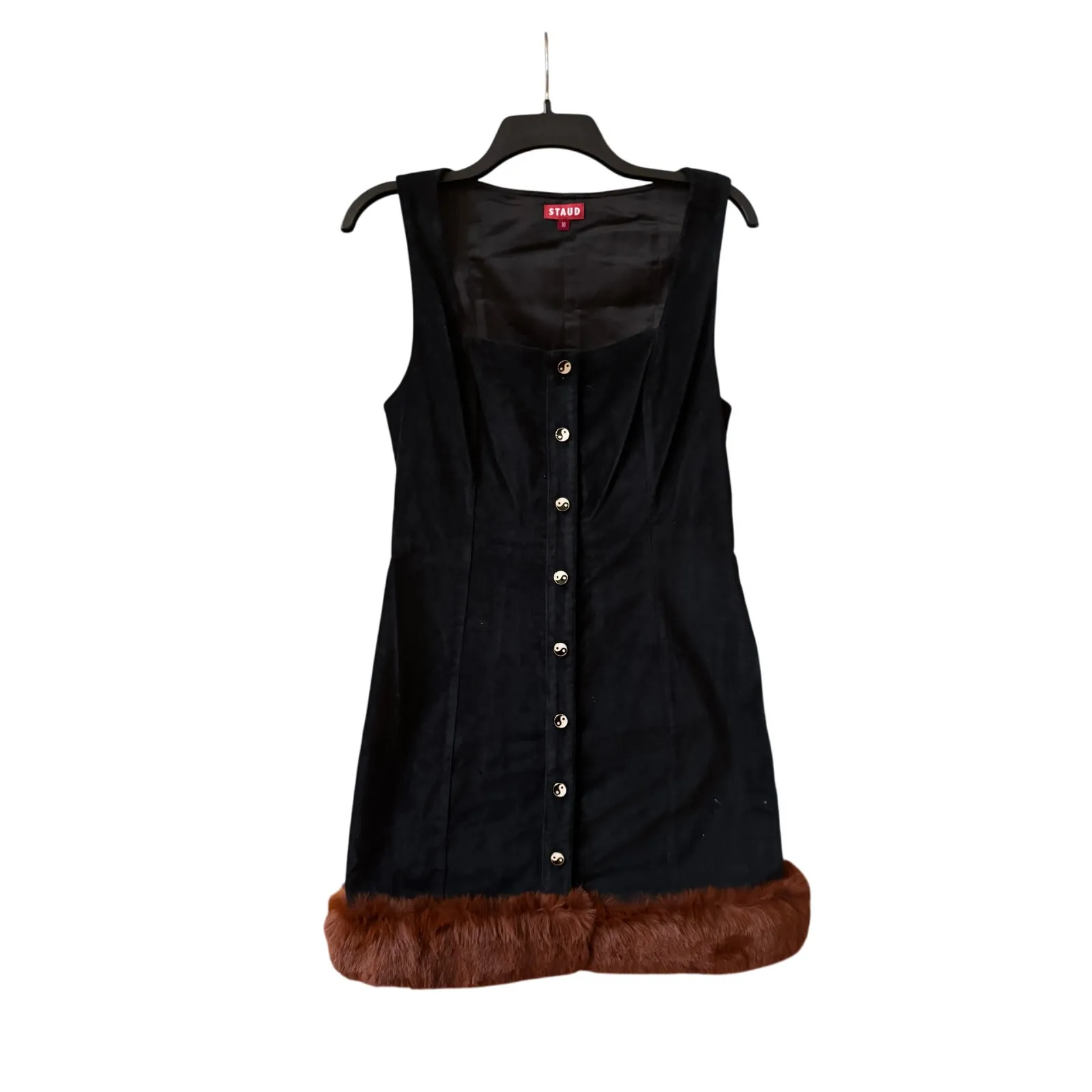 Staud mini dress square neck button-down front  yin-yang symbols, faux fur (New) - Image 2