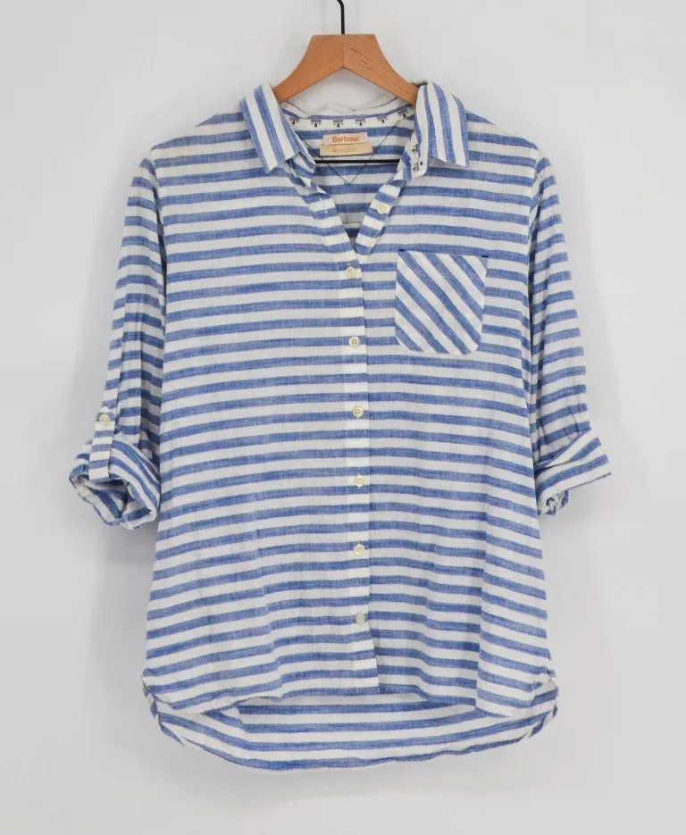 Barbour Craster Striped Button Down Shirt Blue White Cotton Relaxed Women's ? - Image 1