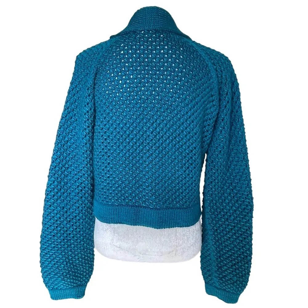 Handmade Womens Handcrafted Chunky Knit Crop Sweater Size M Open Front Turquoise Size M - Image 4