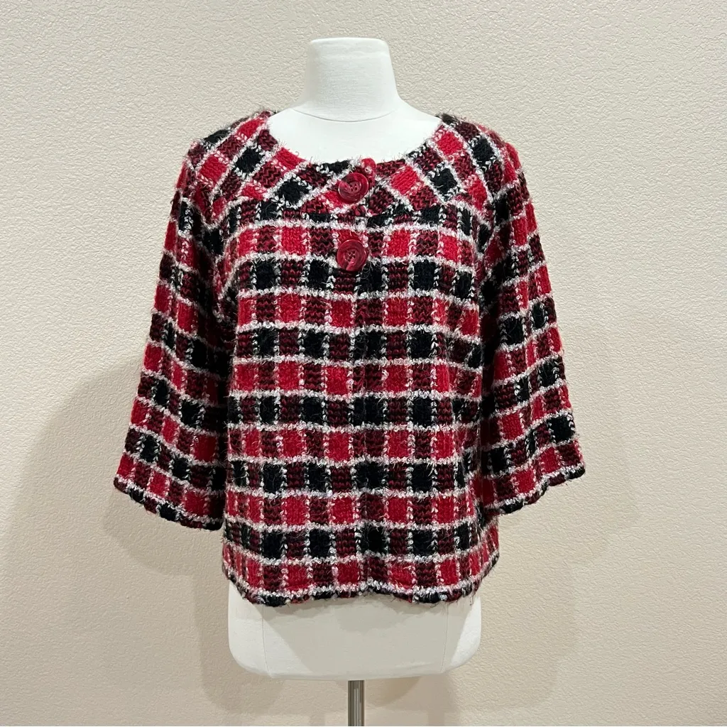 Christopher & Banks Red and Black Knit Plaid Buttoned Cardigan Size Large - Image 2