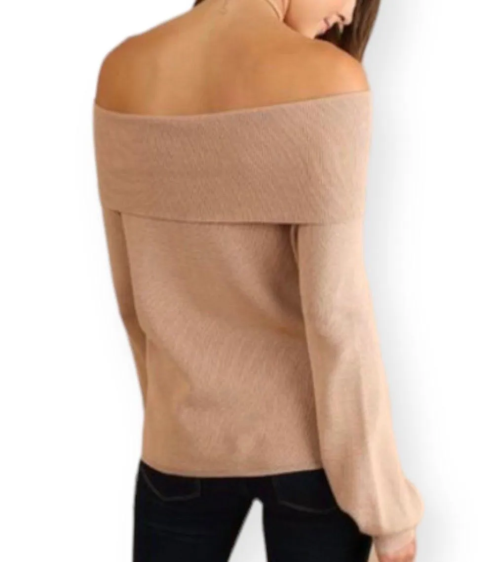 NWT  Women’s Drawstring Neckline Cowl Neck Off Shoulder Sweater Tan Small - Image 3