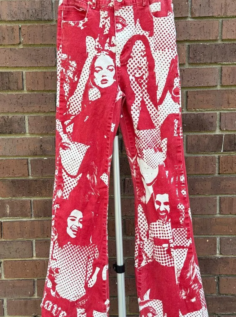 Edikted Andy Print Red White Face Novelty Print Flare Bell Bottom Jeans Size XS - Image 1