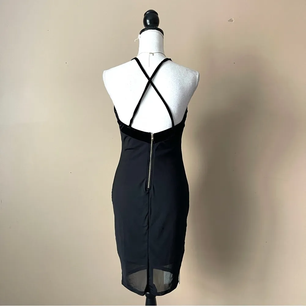 PRIVY | Black Bodycon Velour/Mesh Detail Cocktail Dress Sz L - Image 5