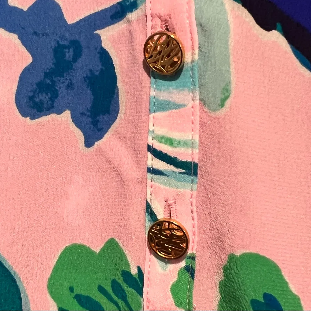 Lilly Pulitzer Elsa Silk Top Large Pink Tropics Sweet Pea Long Sleeve Blouse - Image 3