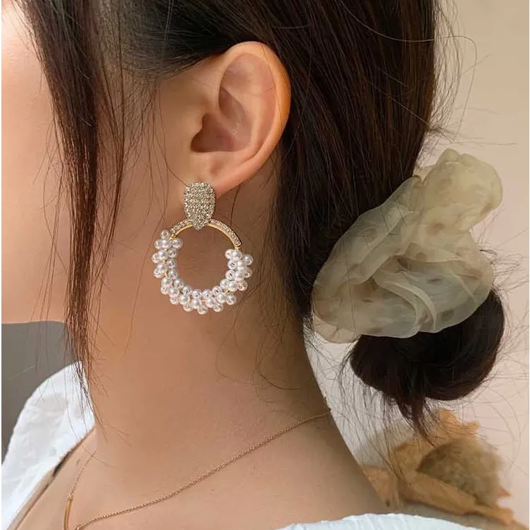 Women's Pearl Rhinestone Dangle Drop Hoop Earrings Gold - Image 3