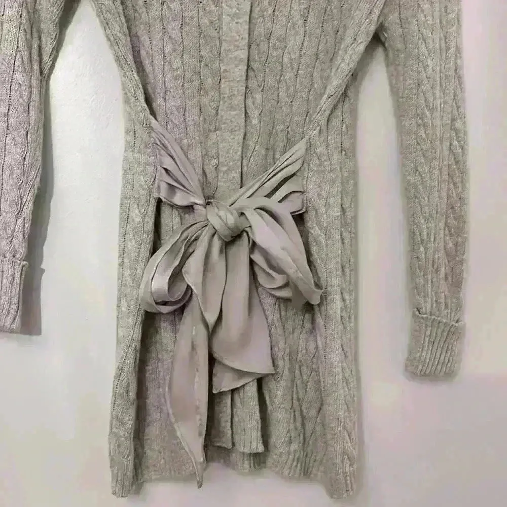 Boston Proper Heather Gray Cable Chiffon Sash Tie
Waist Cardigan Sweater XS - Image 2