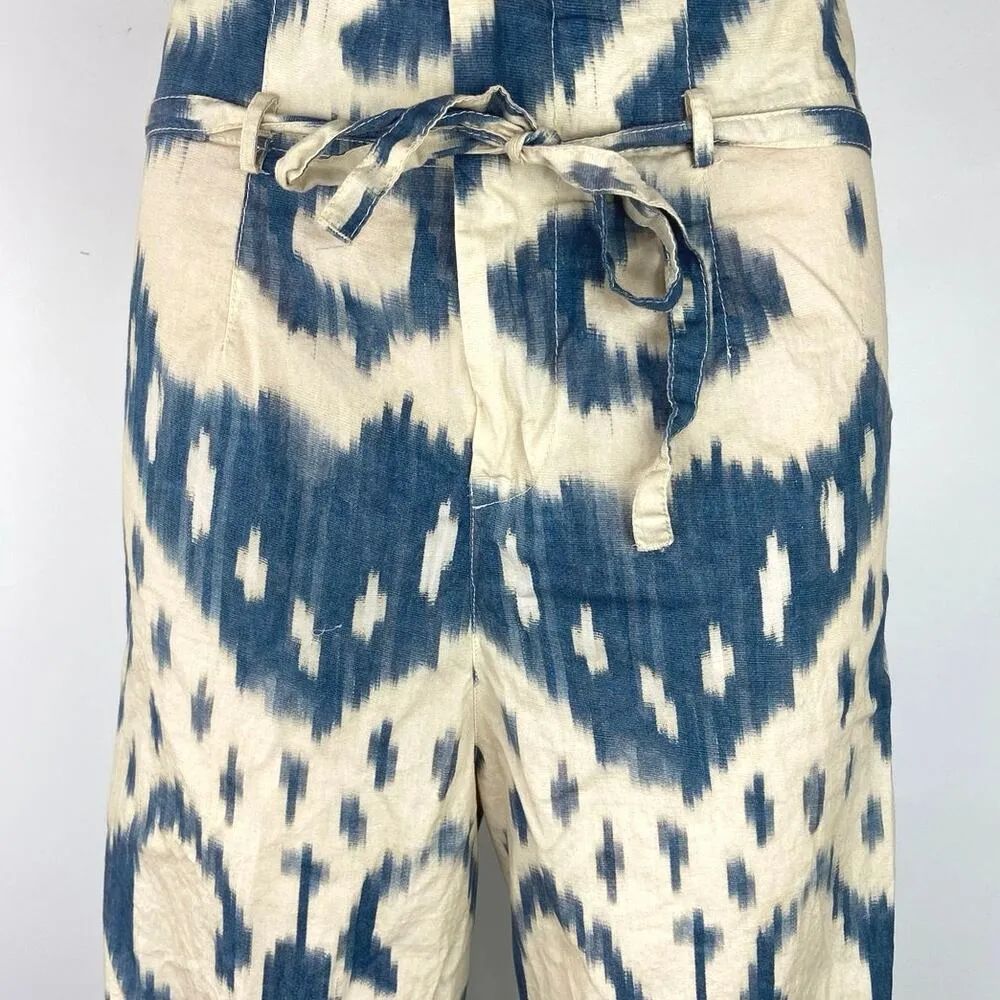 Zara White Blue Aztec Print High Waist Wide Leg Belted Tie Waist Trouser Pants M - Image 4