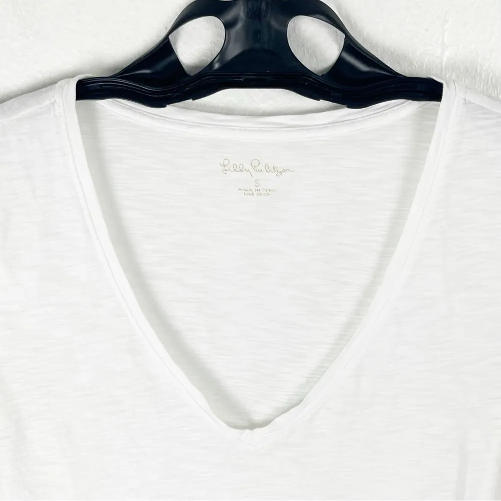 LILLY PULITZER White Deep V-Neck Short Sleeves Sheer Burnout Tee, Size Small - Image 7