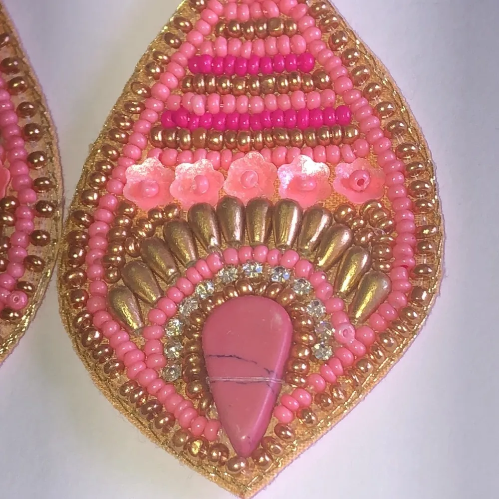 Huge Pink and Gold Tone Beaded Boho Statement Earrings - Image 3
