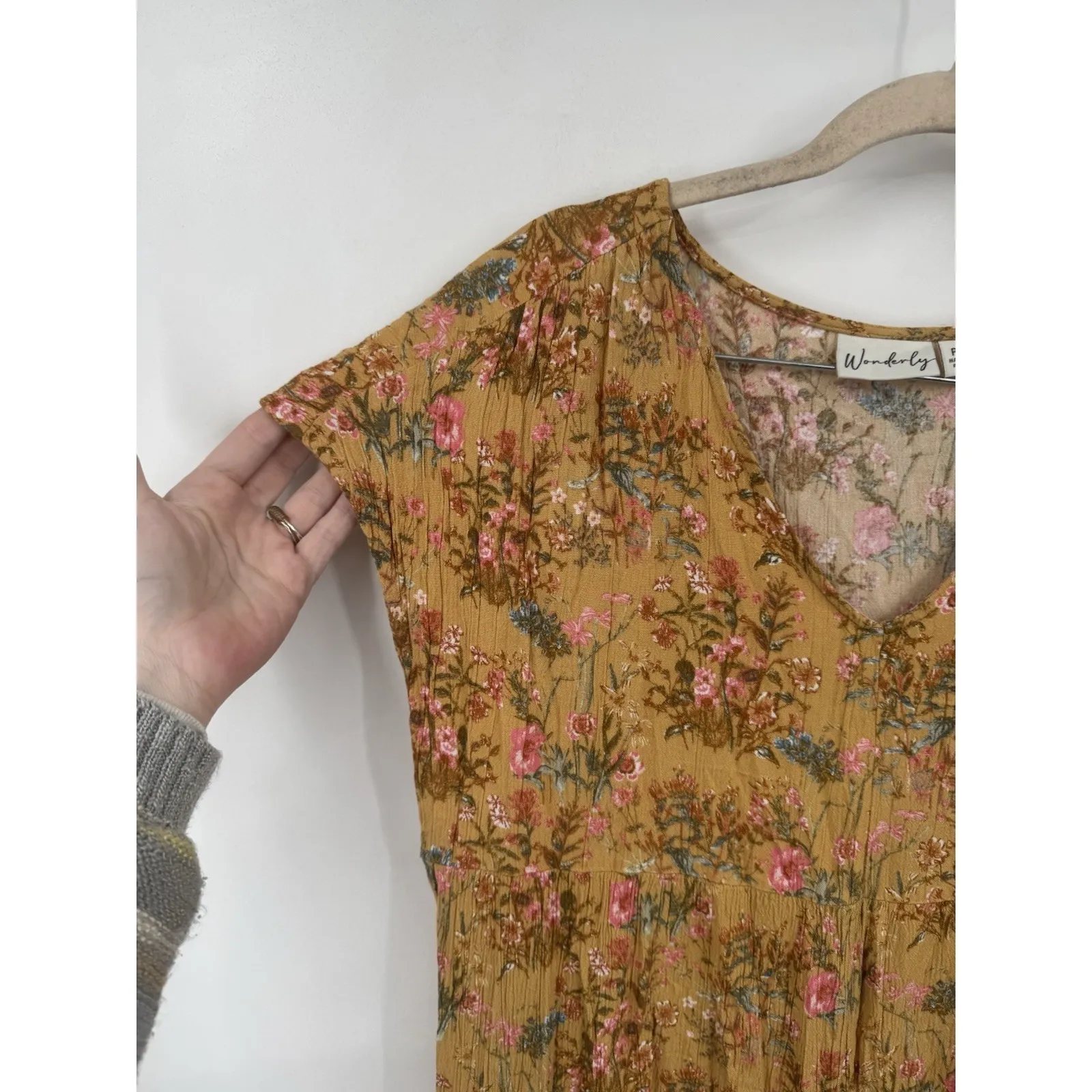 Wonderly Floral Peasant Cottage Tunic Women Petite L Yellow Ditsy Prairie Boho - Image 5