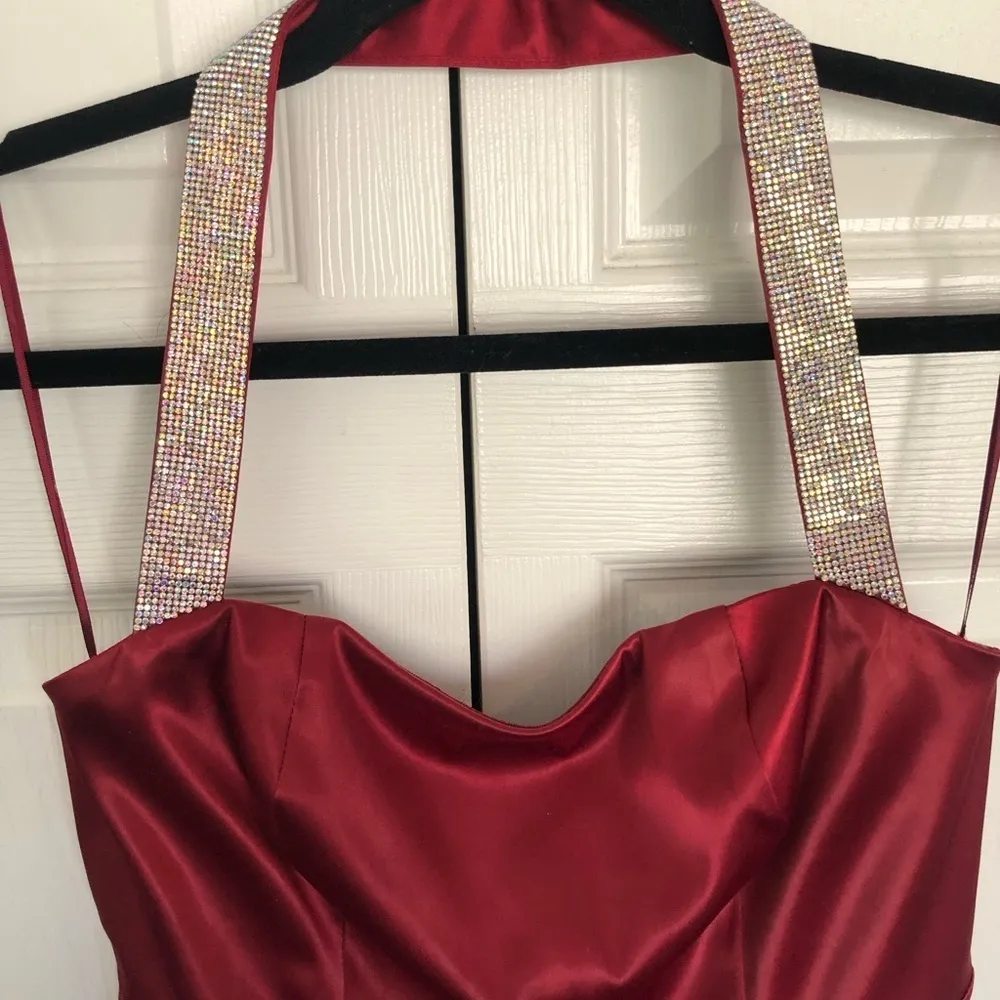 Burgundy Red Satin Mini Dress with AB Rhinestone Detail Size L - Image 2