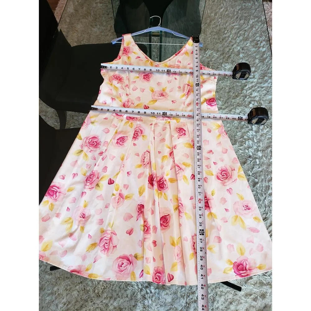 R&K Flared Dress Womens Size 18 White Floral Zip Back Pleated Skirt Heart Neck - Image 7