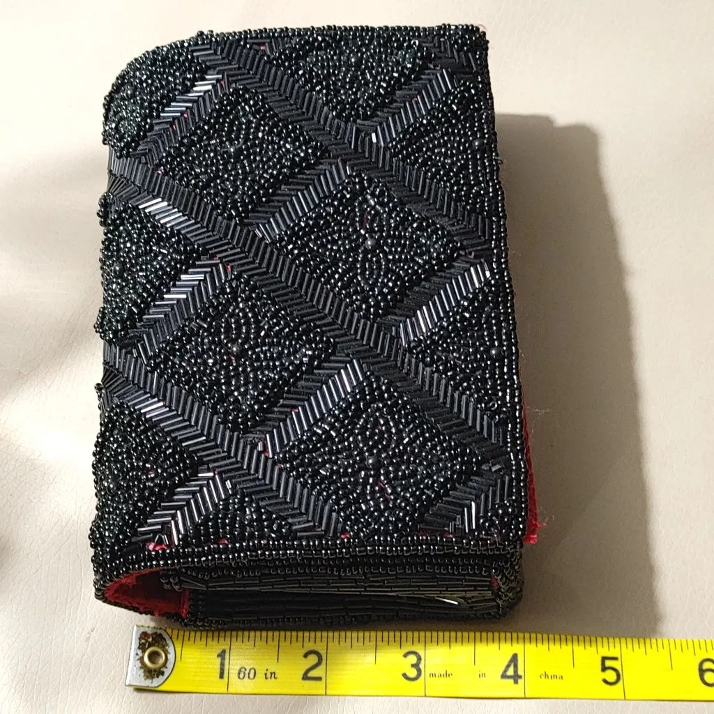 Vintage Black Beaded Evening Clutch Vintage Red Satin Lining Magnetic Closure - Image 3