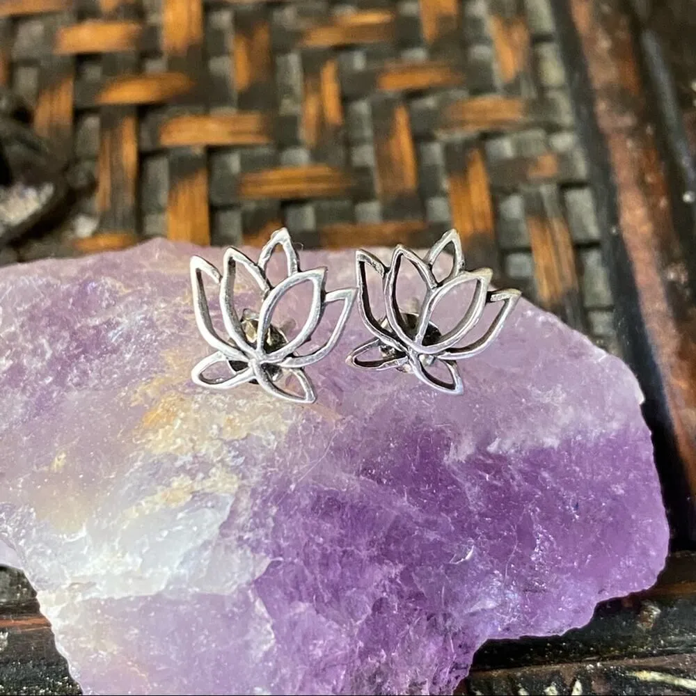 Lotus Flower Sterling Silver Stud Earrings Silver - Image 2
