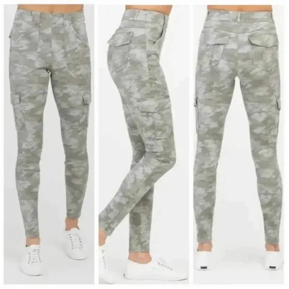 Spanx High Waisted Stretch Twill Ankle Cargo Pant Stone Wash Camo Green Grey L - Image 2