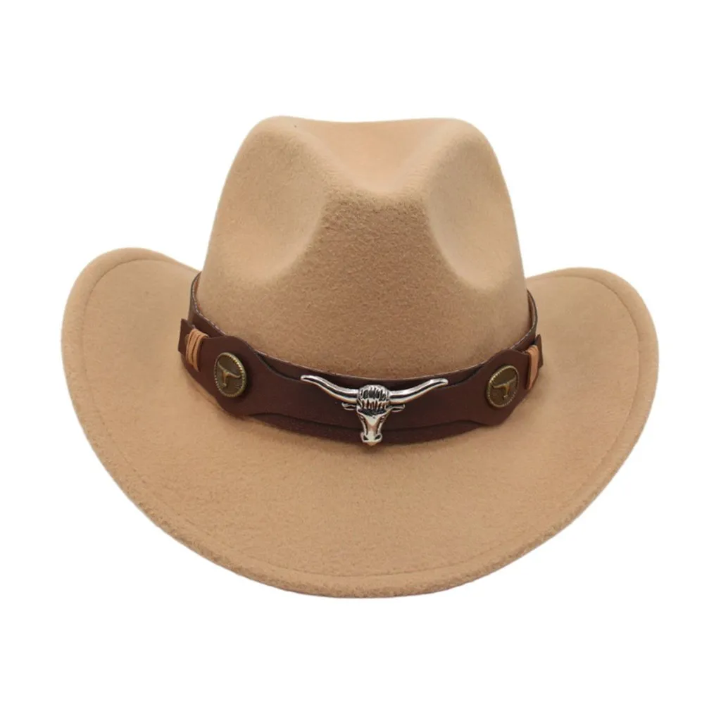 Beige Western Cowboy, Cowgirl Hat, Bull Horns Strap, Men Women Retro Wide Brim - Image 2