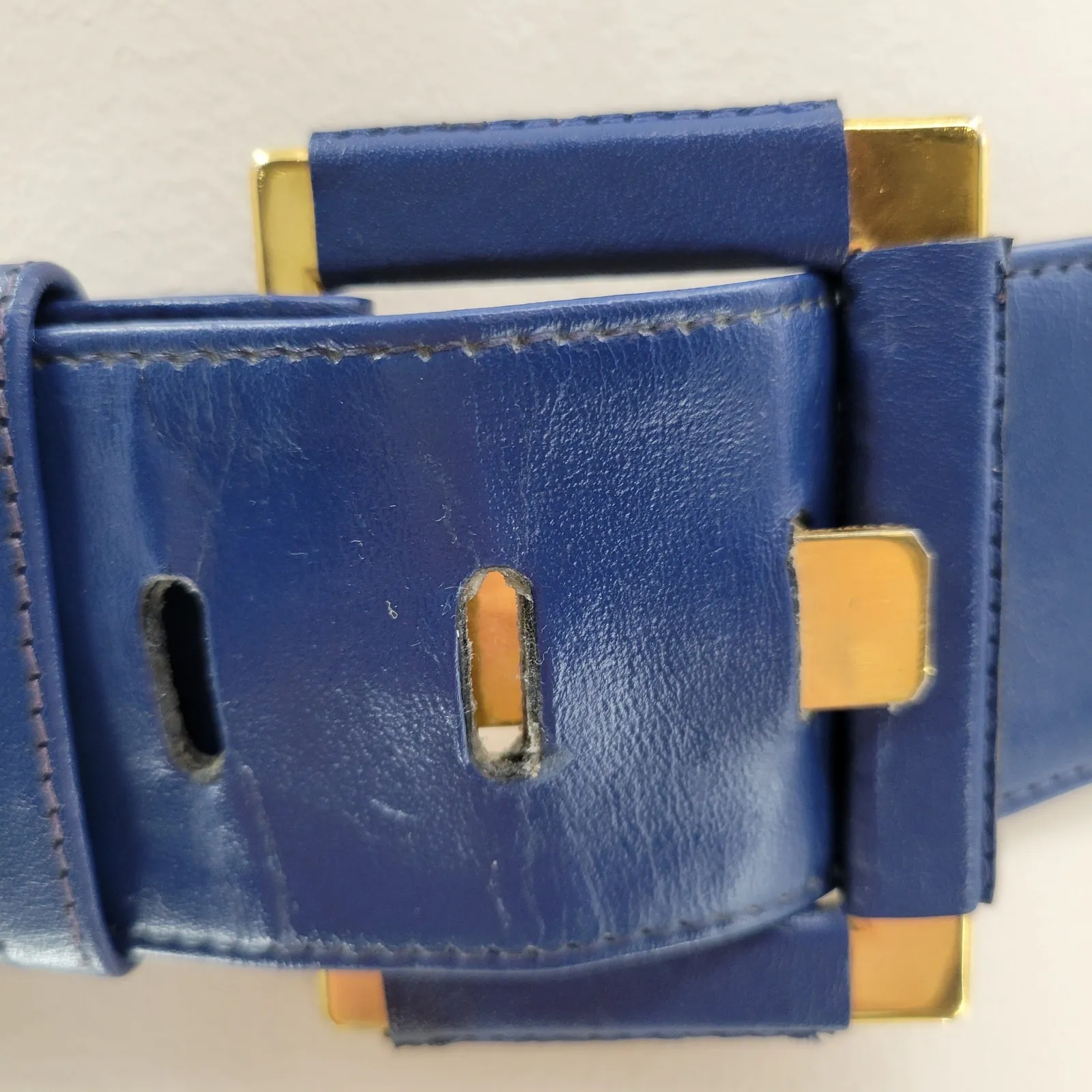 Yves Saint Laurent 4930 Wide Leather Belt Blue Rectangle Brass Buckle Art Deco - Image 6