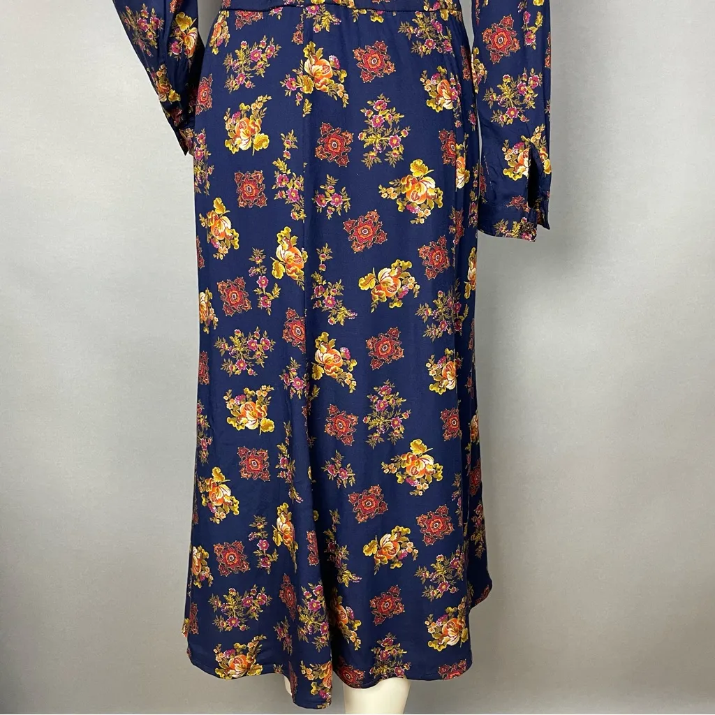Vintage Floral Midi Dress‎ Navy Blue Long Sleeve Belt Rayon Modest 80s Momcore Size 8 - Image 7