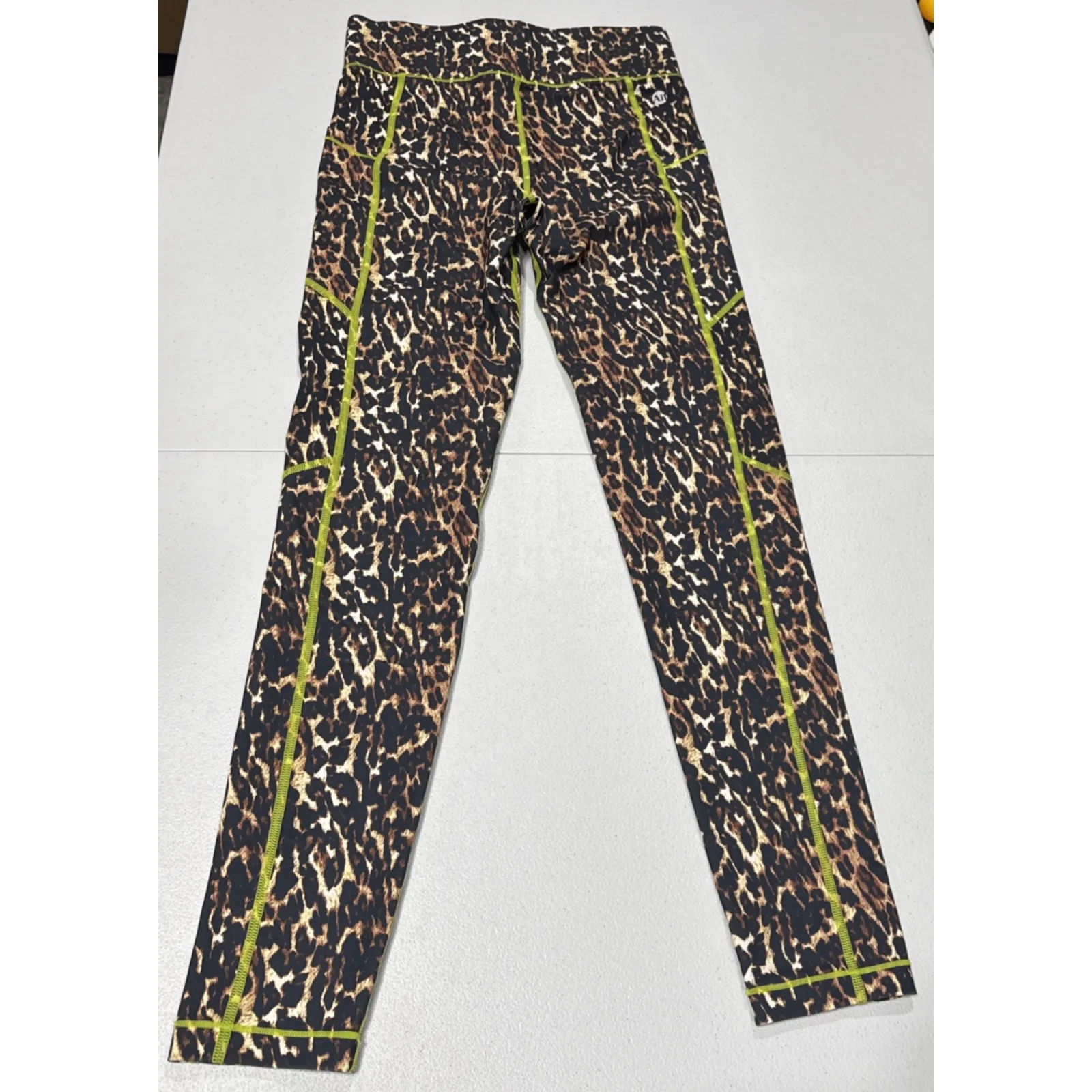 ALL ACCESS Womens High Waist Leggings Size S Leopard Light Neon Stitching Pocket Brown - Image 4