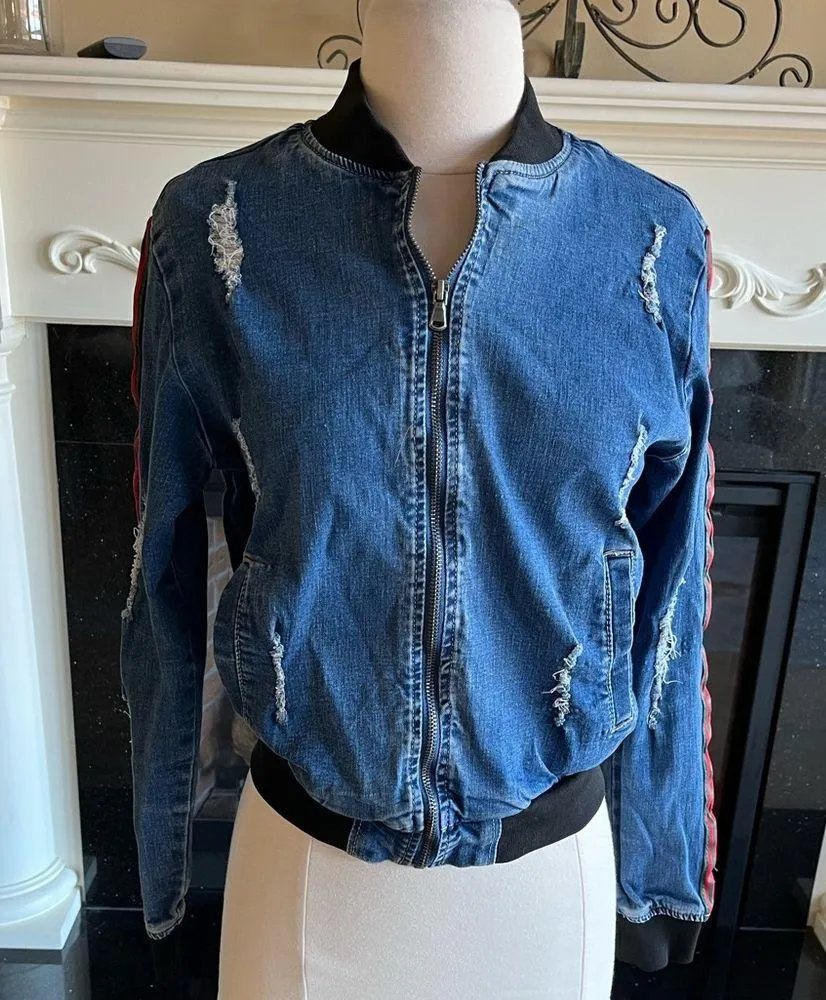 Rad Denim Bomber Jacket Jean Distressed Comfy Small - Image 9
